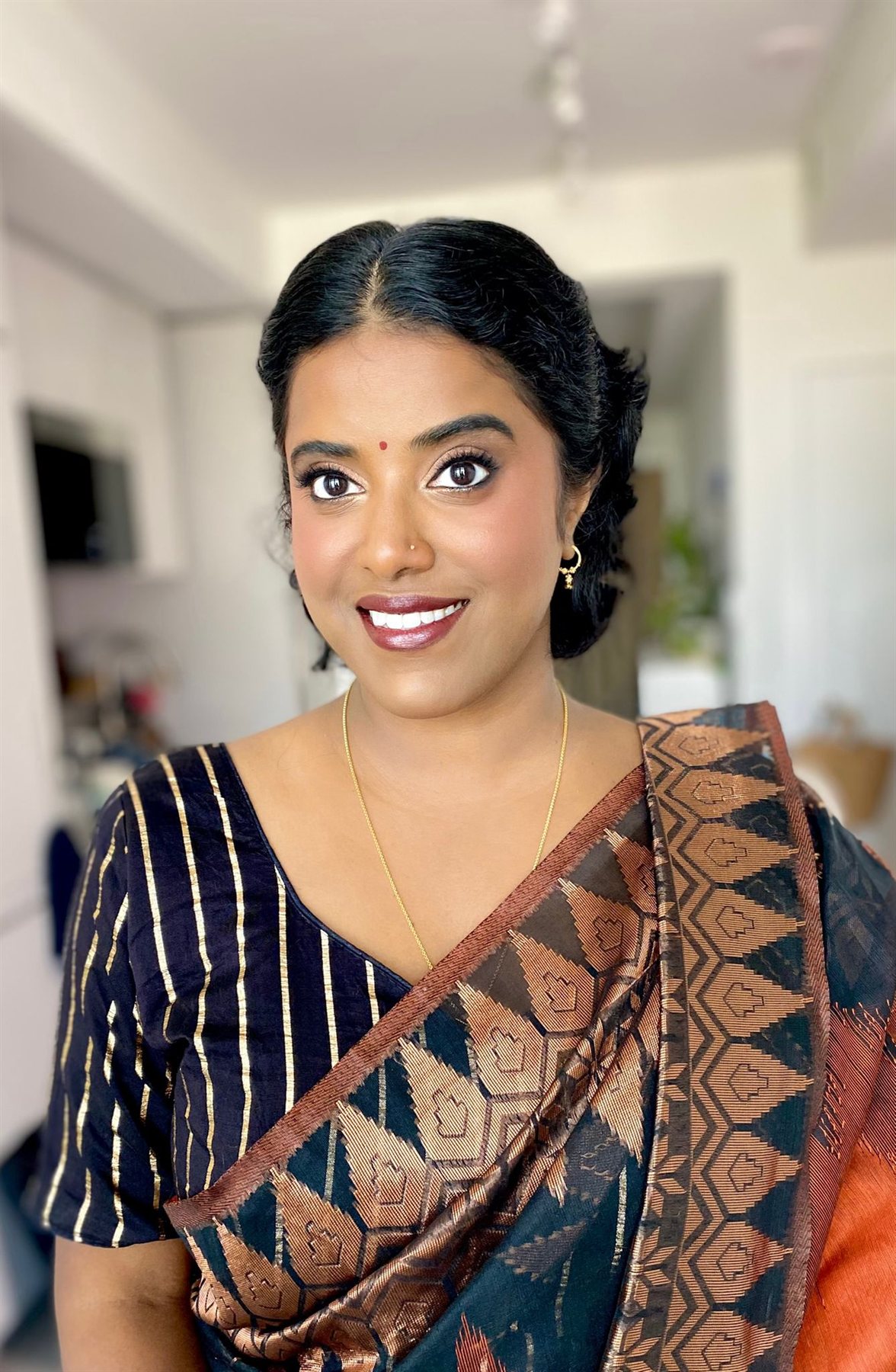 Radiant soft glam makeup for a saree event by Mary Nova, Toronto